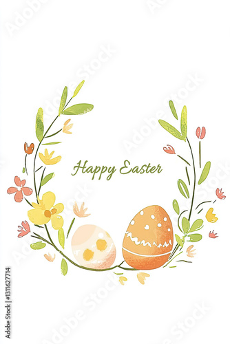 Postcard with flower wreath, Easter eggs and text Happy Easter. Illustration in style of simple baby art