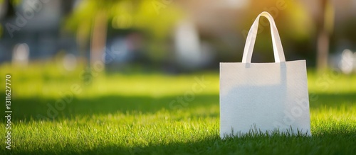 Obraz na płótnie White non-woven tote bag positioned on vibrant green grass with soft sunlight illuminating the background ideal for eco-friendly branding or advertisements. w salonie