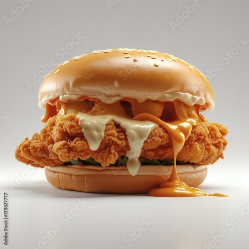 A crispy fried chicken burger with melted cheese, mayo, and rich orange sauce on a sesame-free bun, sharp details, perfect exposure