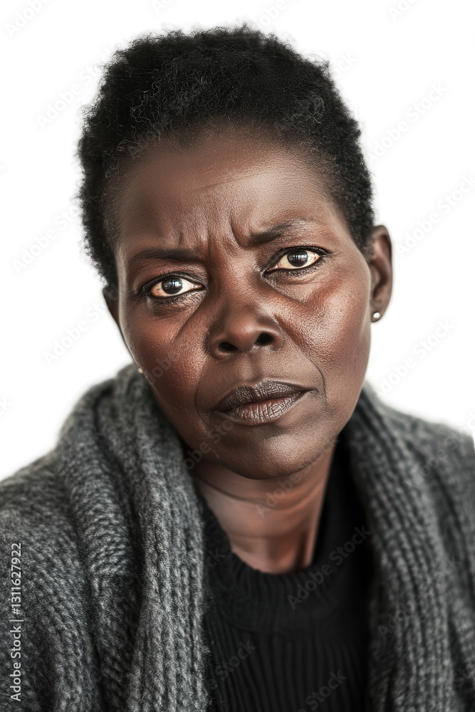 Obraz premium Woman with serious expression looking at camera, isolated on white background, conveying emotion and strength, portrait of middle-aged female in casual attire.