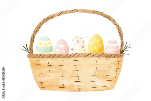 Basket with Easter eggs in style of simple baby art. Easter postcard