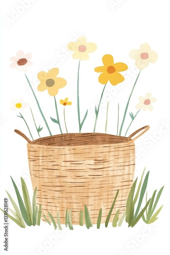 Basket with flowers in style of simple baby art. Perfect for nursery decor and cards