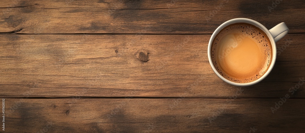 Top view of a white coffee cup filled with brown coffee placed on a textured dark wooden background with ample copy space on the left Top view of a white coffee cup filled with brown coffee placed on a textured dark wooden background with ample copy space on the left