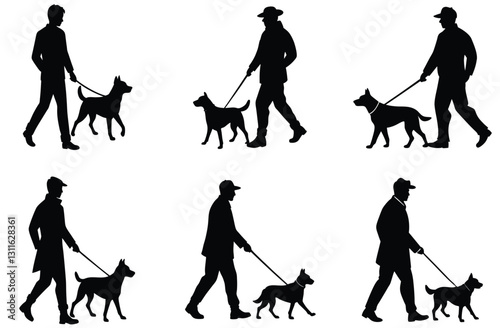 Silhouettes of people walking dogs in a simple black vector illustration