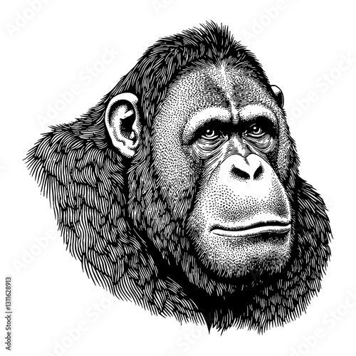 Orangutan Portrait Head Isolated Detailed Front View Black and White Outline Line Art Drawing