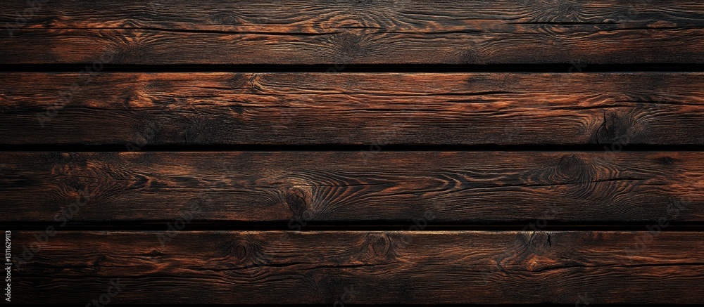 Naklejka premium Dark wooden texture background with horizontal planks featuring rich brown tones and deep grain patterns for a rustic template design.