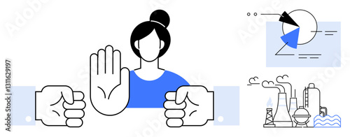 Woman raises hand to stop, symbolizing opposition. Industrial factories convey environmental concerns, charts represent analytics. Ideal for sustainability, pollution, empowerment, activism, climate