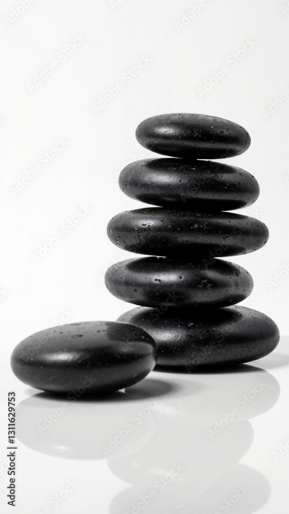 A Set of Polished Black Spa Stones on a White Background for Wellness Marketing and Relaxation Themes A Set of Polished Black Spa Stones on a White Background for Wellness Marketing and Relaxation Themes