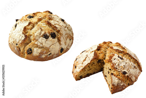 Freshly baked round bread with a rustic crust and cut to reveal its soft interior, isolated on white background and transparent background
