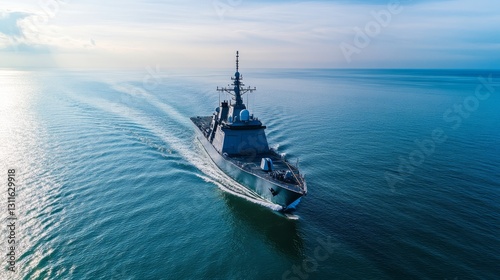 Naval ship cruising throughserene blue ocean underclear sky, showcasingmariti...