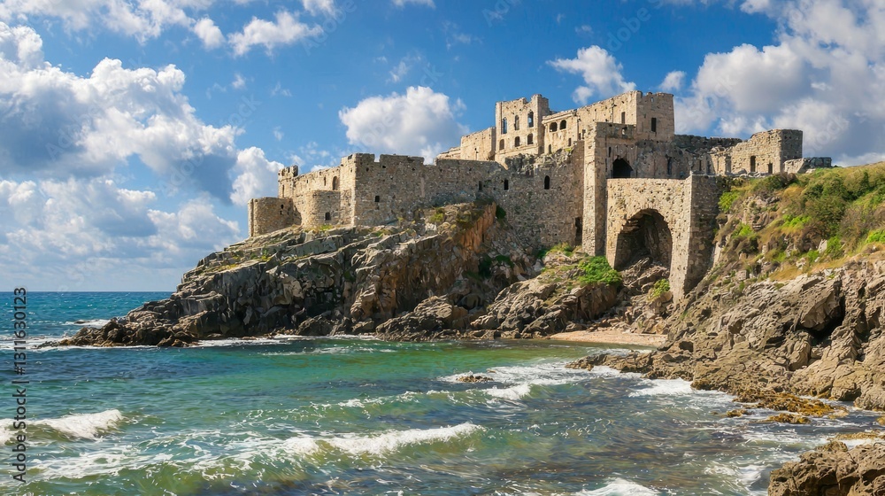 Ancient Citadel Overlooking Rugged Seaside in Dramatic Landscape Ancient Citadel Overlooking Rugged Seaside in Dramatic Landscape