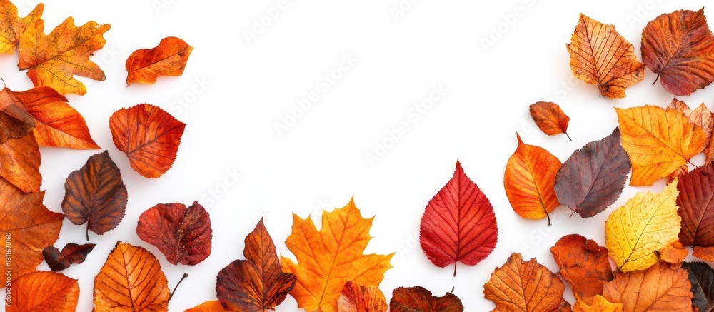 Fototapeta premium Autumn leaves in vibrant orange, red, yellow, and brown scattered artistically across a clean white background creating a seasonal atmosphere.