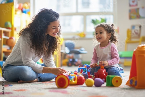 Child development specialist observing a little girl playing with toys in a bright playroom
