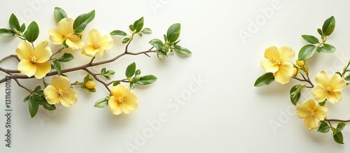 Delicate Tipuana tipu branch with vibrant yellow flowers on a light beige background featuring ample blank space for text insertion. photo