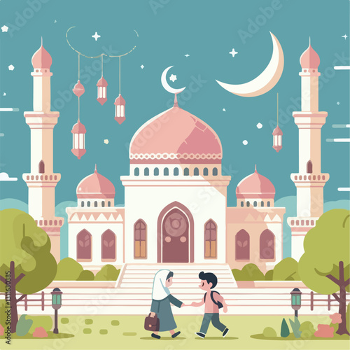 vector illustration of child and mother mosque background