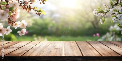 Wooden Table with Blooming Flowers in Garden Background for Spring Display