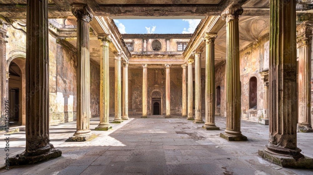 Fototapeta premium Enclosed Courtyard with Broken Columns and Historic Architecture