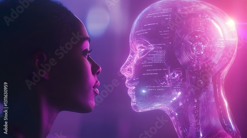 Futuristic interaction between a human and an AI hologram