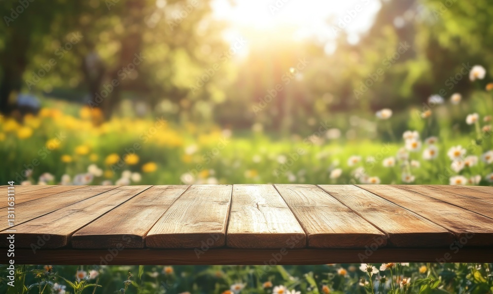 Wooden Table with Spring Meadow and Sunlight for Product Mockups Wooden Table with Spring Meadow and Sunlight for Product Mockups