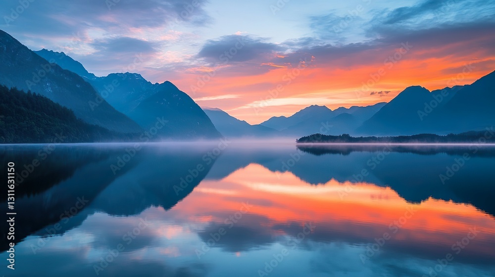 Obraz premium Scenic sunrise over mountain lake with vibrant sky reflection
