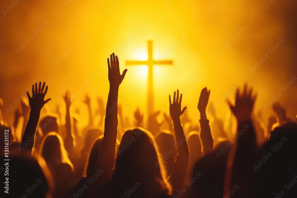Fototapeta premium Hands lifted in worship, with Christian believers standing reverently in front of the cross