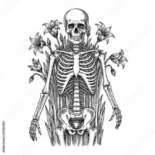 Full Body Top View of Skeleton with Overgrowth Lily Flowers Detailed Black and White Outline Line Art Drawing