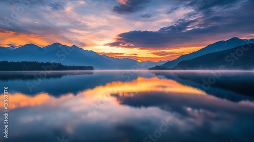 Scenic sunrise over mountain lake with vibrant sky reflection