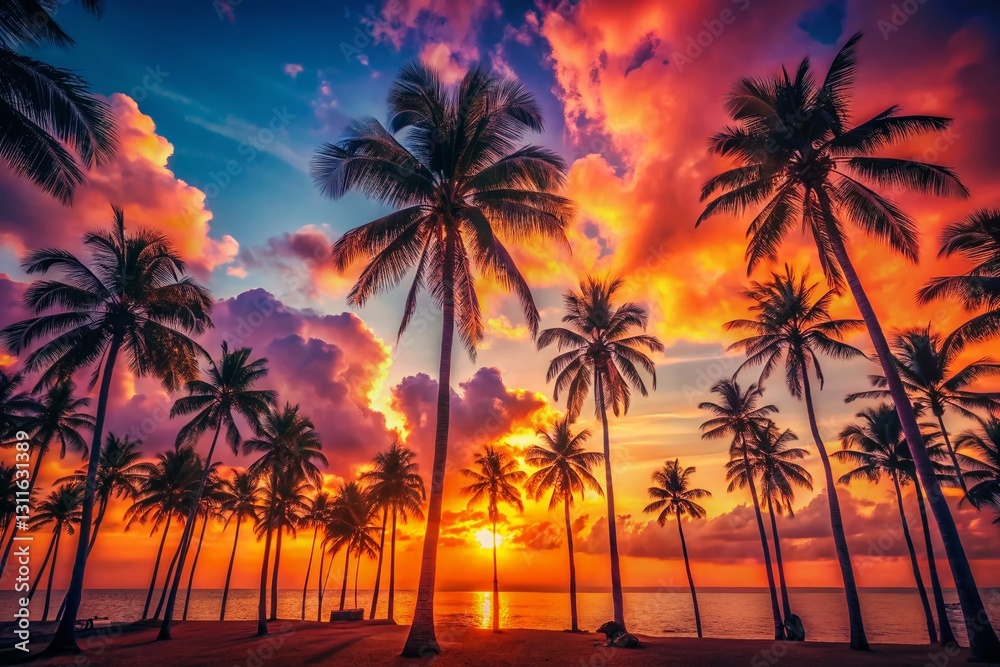 Surreal Retro Sunset Palm Beach: Vibrant Colors & Dreamlike Atmosphere Surreal Retro Sunset Palm Beach: Vibrant Colors & Dreamlike Atmosphere