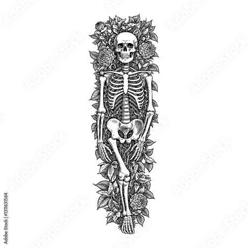 Full Body Skeleton with Roses Overgrowth Front View Detailed Black and White Outline Line Art Drawing