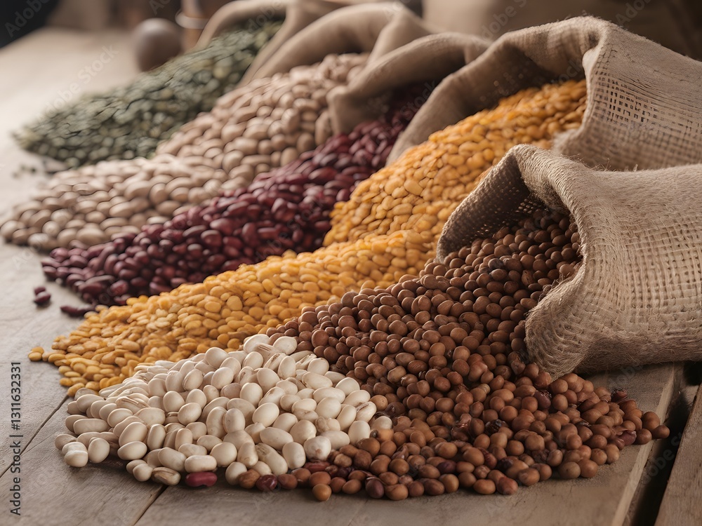 Fototapeta premium Assorted dried legumes and beans in burlap sacks on wooden surface, showcasing vibrant colors and textures.