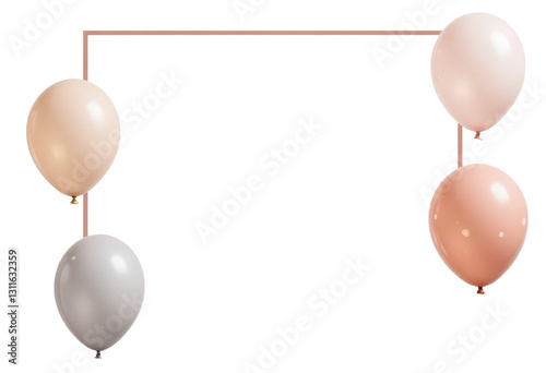 Four balloons in soft pastel colors floating around a transparent rectangular frame