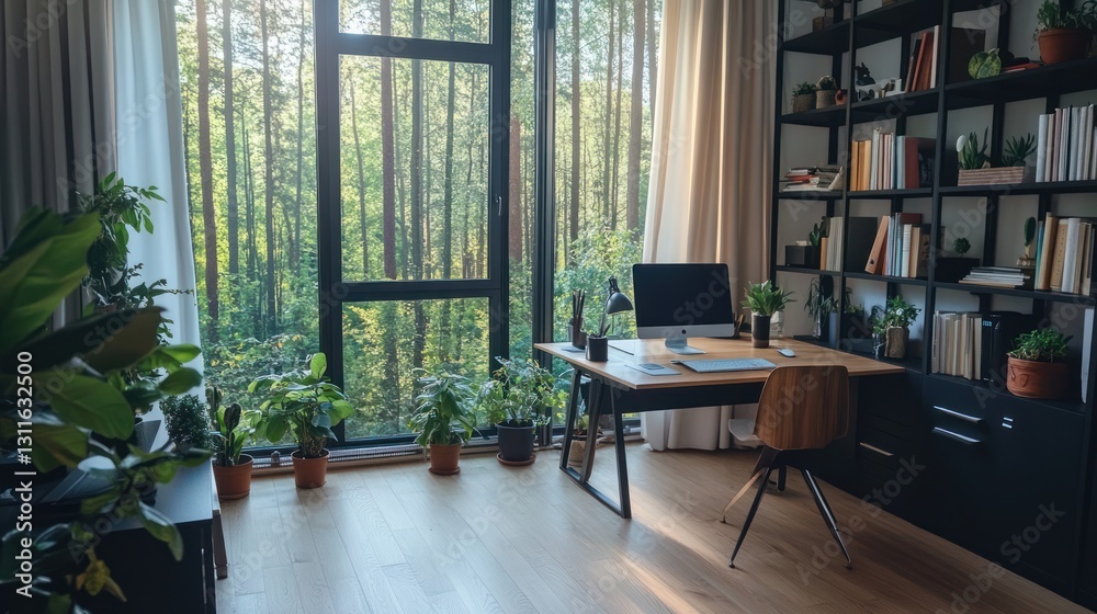 Fototapeta premium Modern home office with forest view