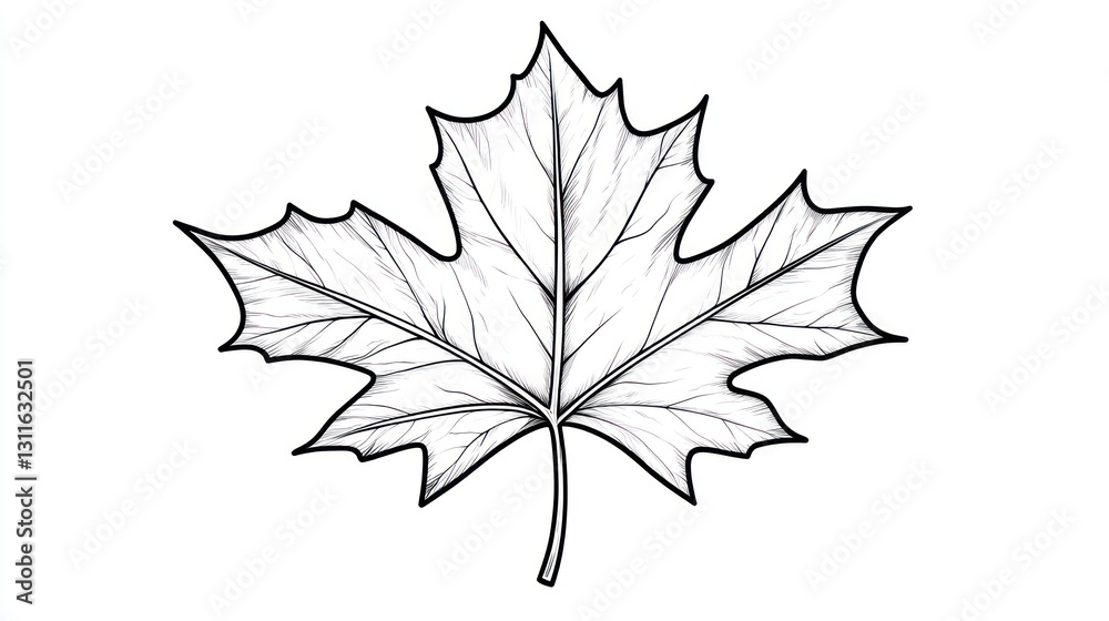 Naklejka premium Detailed Maple Leaf Line Drawing, Nature Illustration