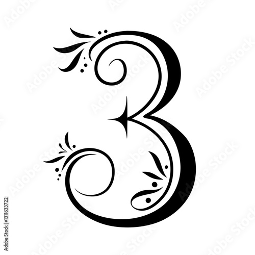 Elegant ornate number three with floral and swirl design elements in black