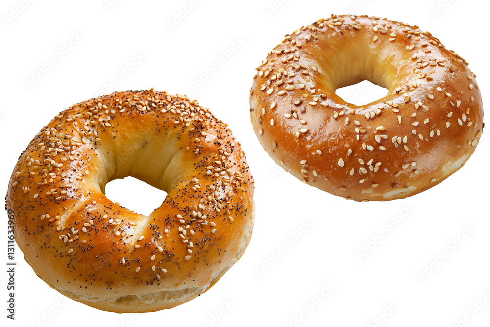 Two freshly baked bagels topped with sesame seeds, showcasing a golden-brown crust and a soft interior. isolated on white background and transparent background Two freshly baked bagels topped with sesame seeds, showcasing a golden-brown crust and a soft interior. isolated on white background and transparent background