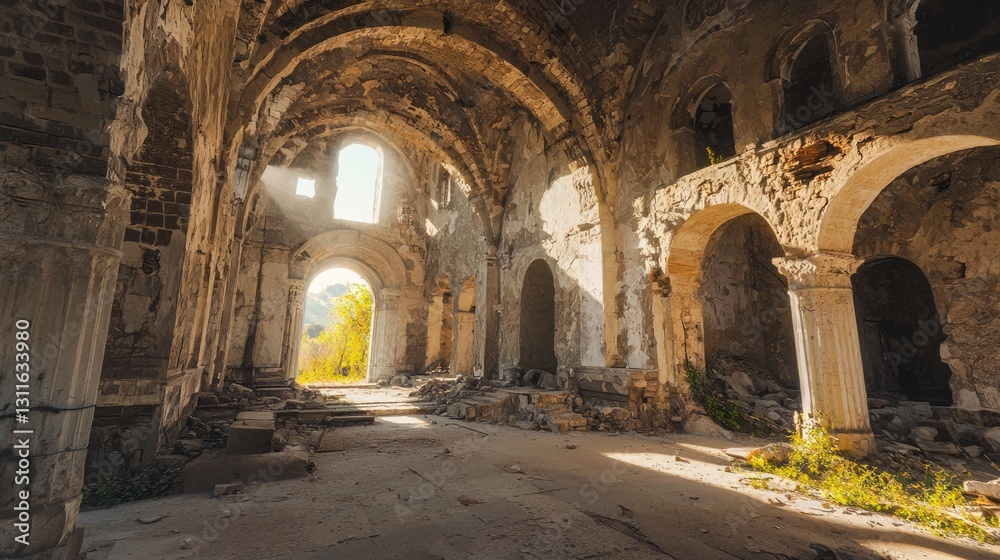Abandoned Interior of a Ruined Building with Caved Rooftops Abandoned Interior of a Ruined Building with Caved Rooftops