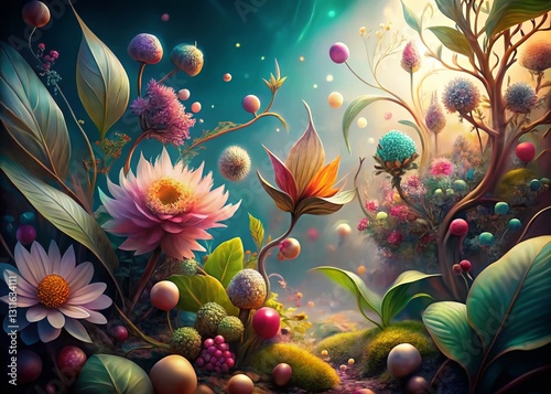 Surreal Spring Botanical Illustrations: Organic Art on Dreamlike Backdrop