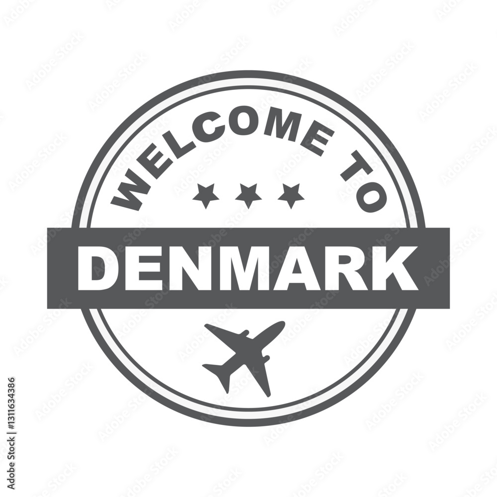 Fototapeta premium Welcome to Denmark word with airplane - icon, round rubber, seal, stamp.