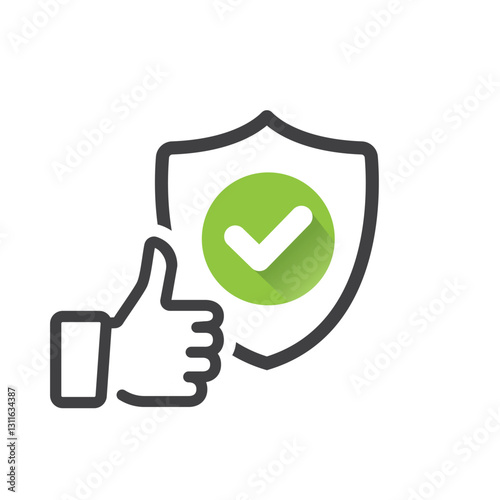 Shield with like hand thumbs up icon. Warranty sign.