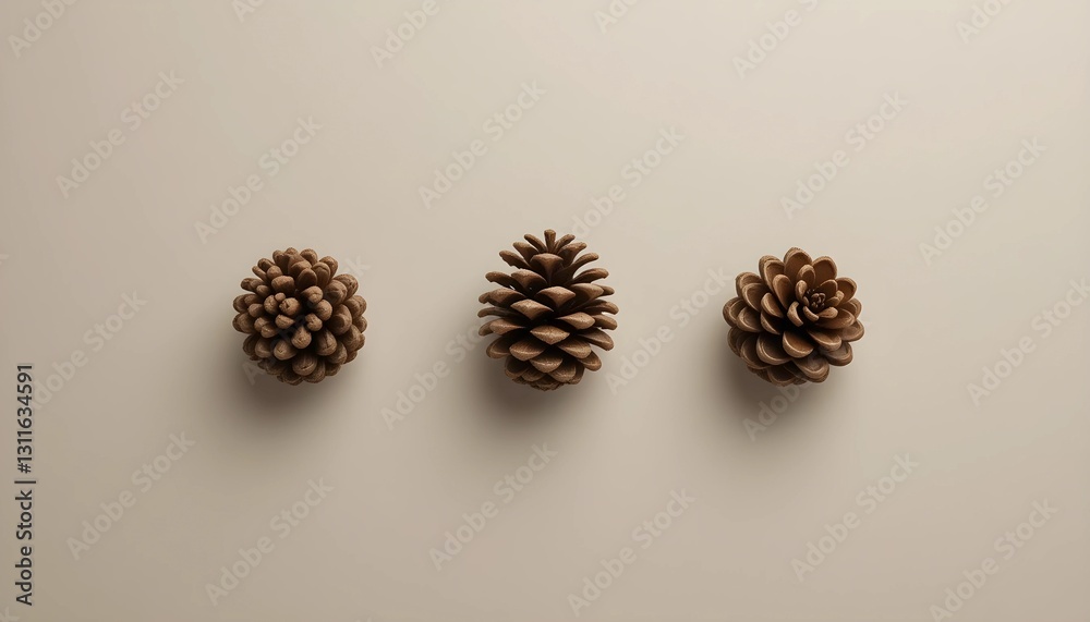 Minimalist Arrangement of Three Pine Cones on Neutral Background Minimalist Arrangement of Three Pine Cones on Neutral Background