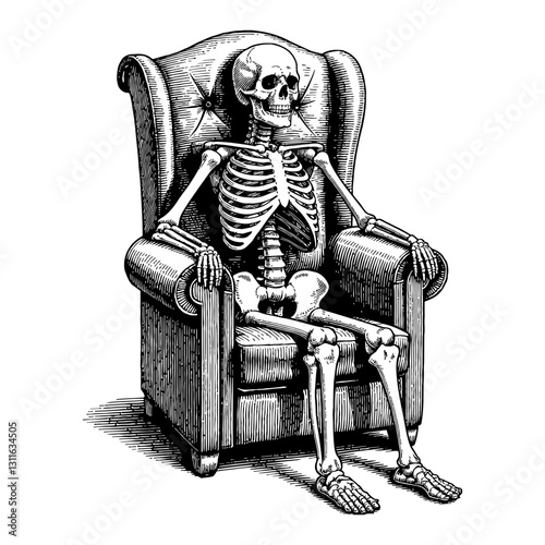 Skeleton Sitting on Executive Chair like Throne Detailed Anatomy Black and White Outline Line Art Drawing