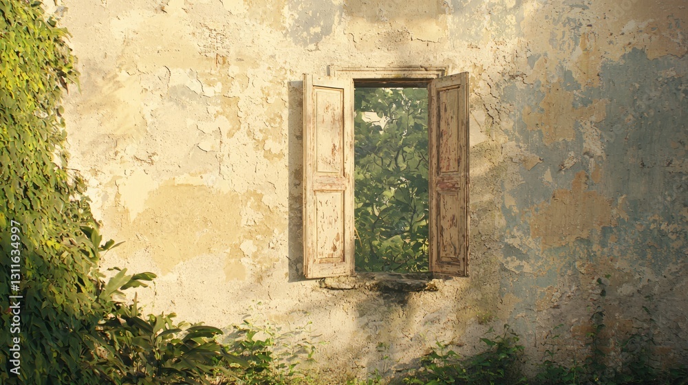 Fototapeta premium Abandoned Tower Window with Missing Glass and Overgrown Surroundings