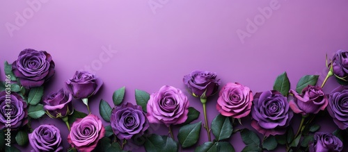 Violet roses in varying shades against a soft purple background arranged in a flat lay style creating a beautiful border effect