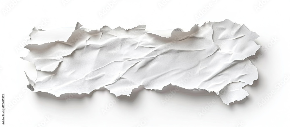 Crumpled torn white paper texture with jagged edges on a pure white background, centered for emphasis and ideal for copy space use. Crumpled torn white paper texture with jagged edges on a pure white background, centered for emphasis and ideal for copy space use.