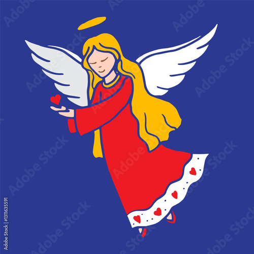 Angel hand drawn illustration with heart on isolated night blue color background in vector format