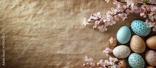 Decorative Easter arrangement with pastel bunny eggs nestled among pink blossoms and wooden toys on brown sackcloth creating a warm festive vibe