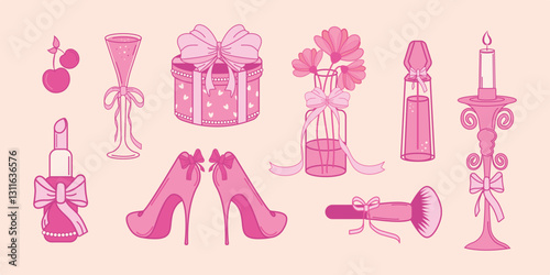 A trendy, pink vintage flirty set. Vector illustration for wedding invitations, greeting cards and more with bows and ribbons.
