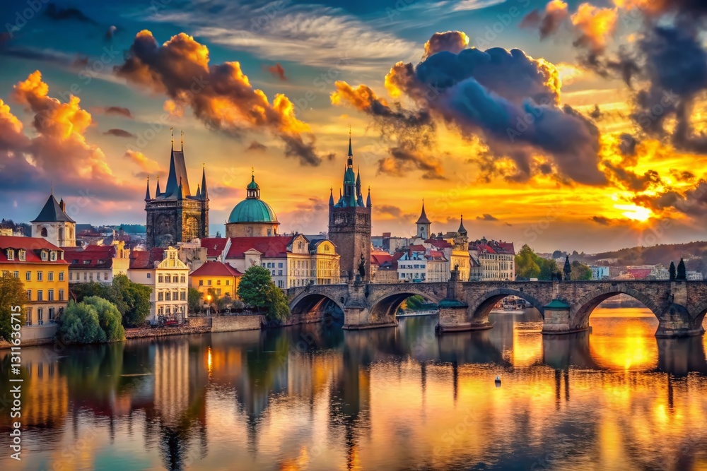Fototapeta premium Surreal Sunrise over Prague Castle: Dreamlike Cityscape