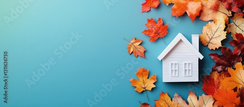 White toy house surrounded by vibrant orange and yellow autumn leaves on a solid blue background creating a cozy Thanksgiving atmosphere