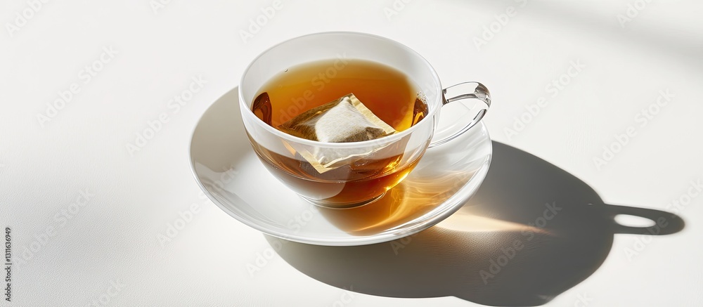 Transparent teacup filled with amber tea on a white saucer, teabag steeping in hot water, soft shadows enhancing the serene atmosphere. Transparent teacup filled with amber tea on a white saucer, teabag steeping in hot water, soft shadows enhancing the serene atmosphere.